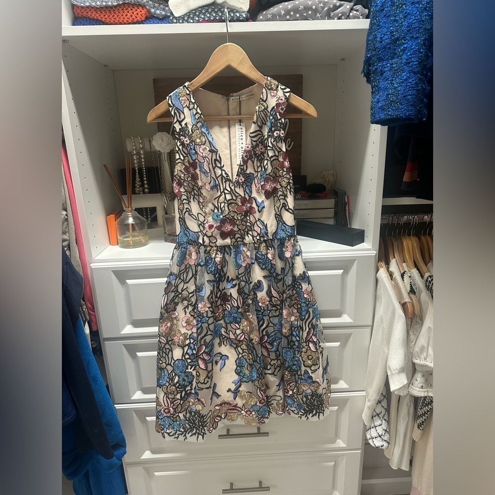 Blue and Red Plunge Neck A-line Midi Dress - Picture 5 of 10